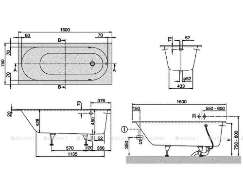 Ванна квариловая Villeroy & Boch Oberon 160x75 см комплект с ножками UBQ160OBE2V-01