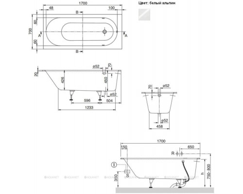 Ванна квариловая Villeroy & Boch Oberon 170x70 см комплект с ножками UBQ177OBE2V-01