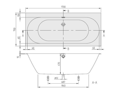 Ванна встраиваемая прямоугольная Villeroy & Boch Oberon 2.0 170x75 см со сливом-переливом белый UBQ170OBR2DV-01