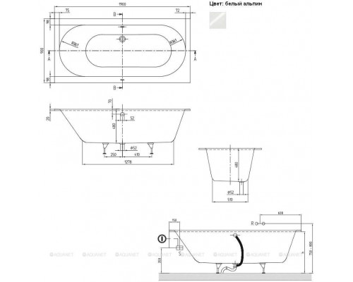 Ванна квариловая Villeroy & Boch Oberon 190x90 см с ножками UBQ199OBE2V-01