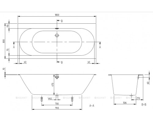 Ванна квариловая Villeroy & Boch Oberon 2.0 180x80 см комплект с ножками и сливом-переливом UBQ180OBR2DV-01